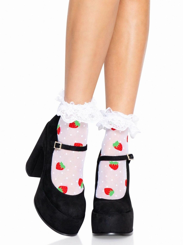 Носки женские с клубничным принтом Leg Avenue Strawberry ruffle top anklets One size, кружевные манж, фото №2