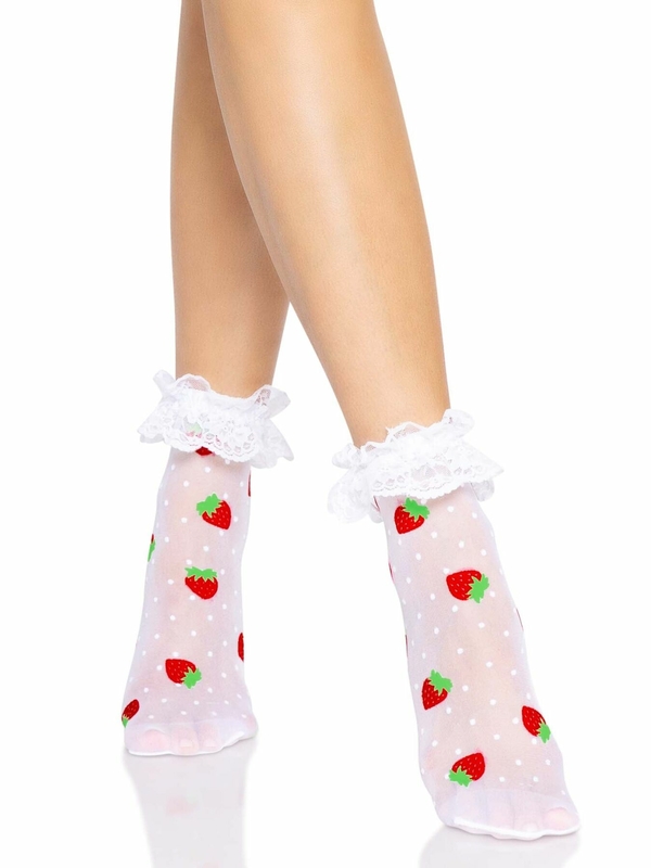 Носки женские с клубничным принтом Leg Avenue Strawberry ruffle top anklets One size, кружевные манж, фото №3