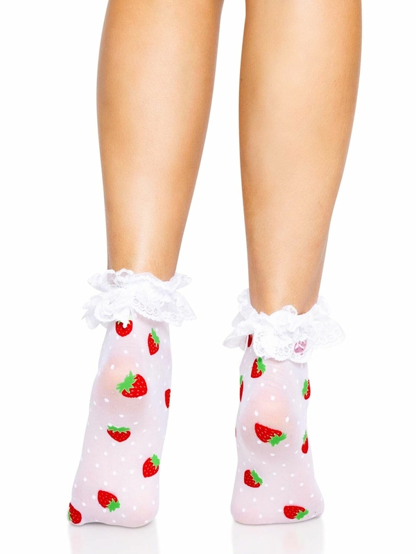 Носки женские с клубничным принтом Leg Avenue Strawberry ruffle top anklets One size, кружевные манж, photo number 4