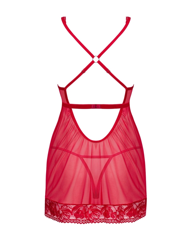 Прозрачная сорочка бэби-долл Obsessive Lacelove babydoll & thong M/L Red, кружево, стринги, numer zdjęcia 5