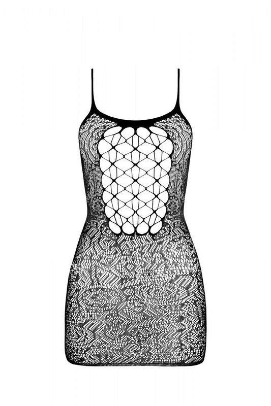 Ажурное мини-платье на тонких бретелях Passion BS096 One Size, black, плетение на груди, фото №4