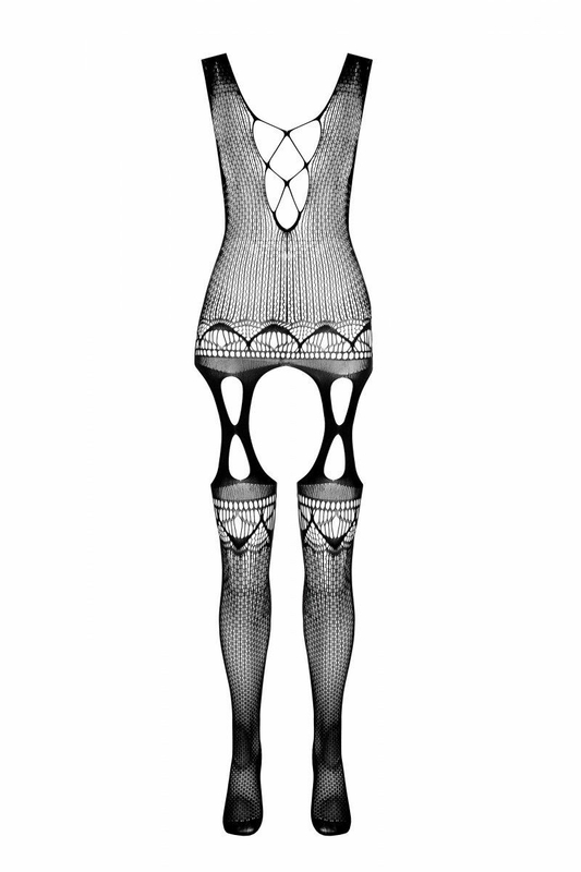 Бодистокинг с плетением на груди Passion BS099 One Size, white, открытый доступ, имитация подвязок, фото №4