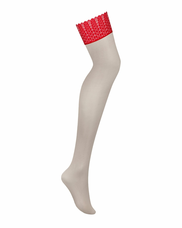 Чулки Obsessive Ingridia stockings M/L, бежевые с красной резинкой, фото №4