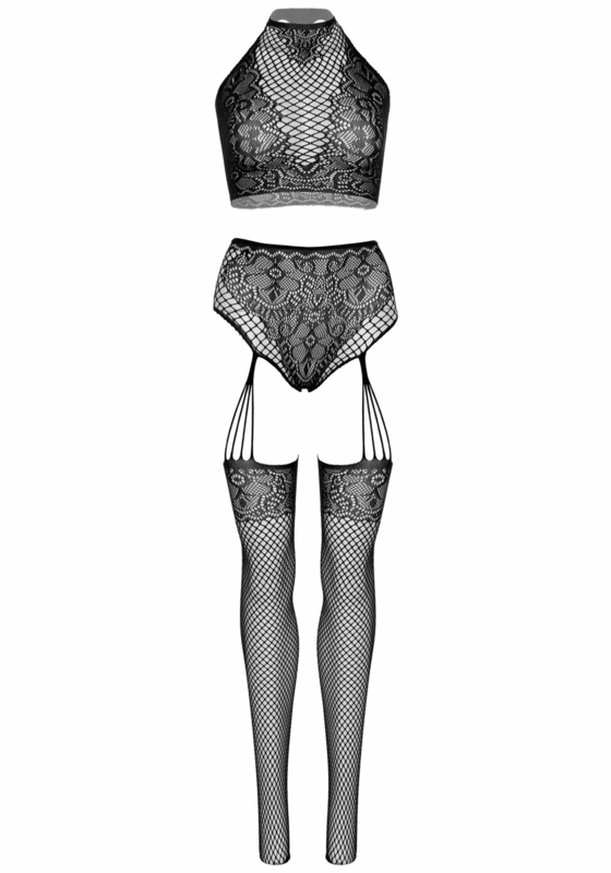 Эротический комплект Leg Avenue Crop top and garter panty Black, топ, трусики с доступом, чулки, фото №5