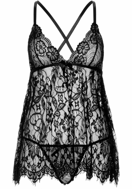 Сорочка беби-долл Leg Avenue Floral lace babydoll & string Black M, стринги, фото №4