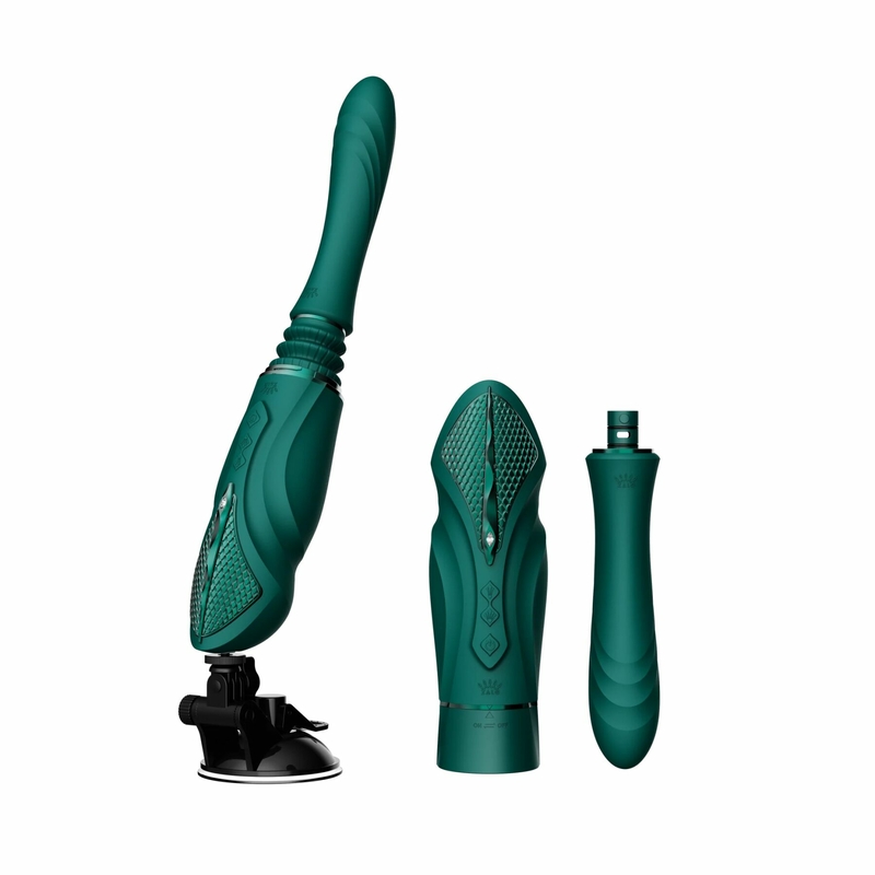 Компактная смарт секс-машина Zalo – Sesh Turquoise Green, 2 насадки, пульт ДУ, кристалл Swarovski, фото №2