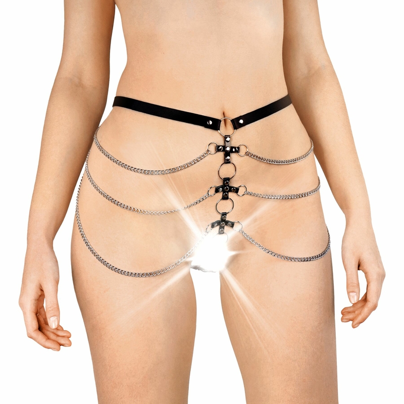 Сексуальные кожаные трусики украшенные цепями Art of sex - Cross, цвет Черный, размер XS-M, фото №2